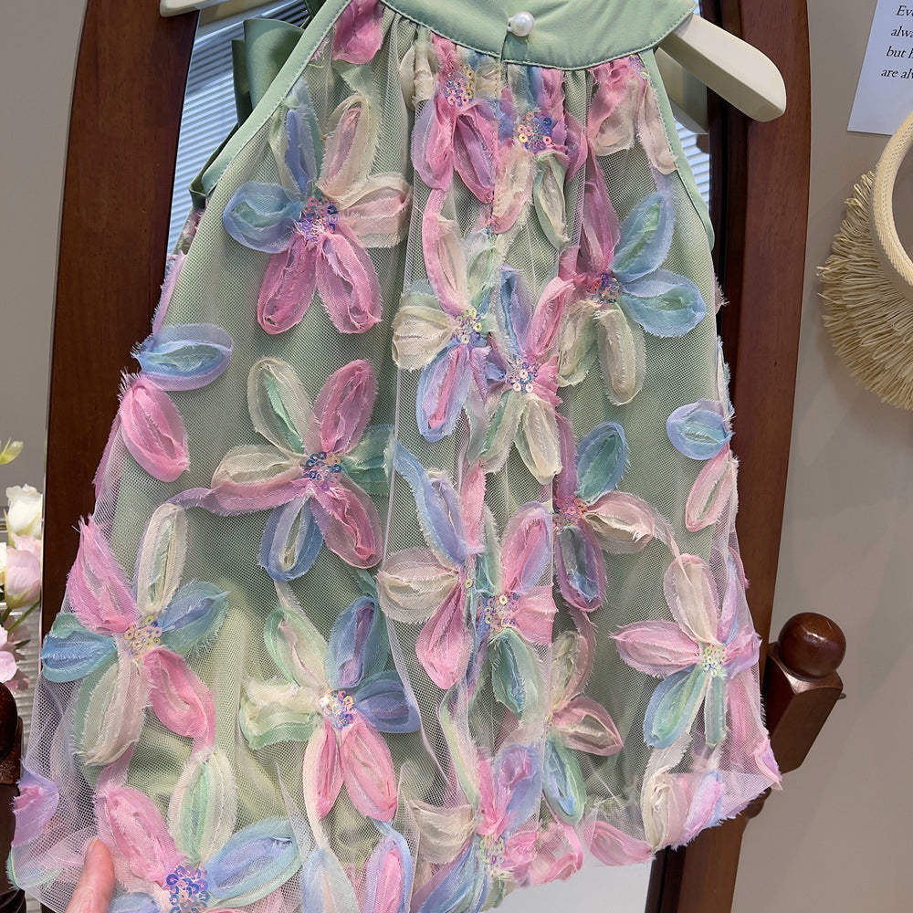 Girl Dress 2025 Summer New Girl Dress Princess Dress Little Girl Fashion Colorful Flower Yarn Dresses Kid Clothes