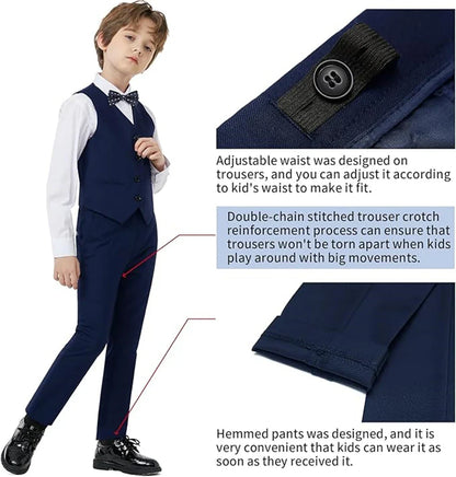 Vintage Boy's 4 Pieces Suit Set Jacket Vest Pants Bow-tie Kids Formal Tuxedo Slim Fit Slit Pocket Child Blazer Suits