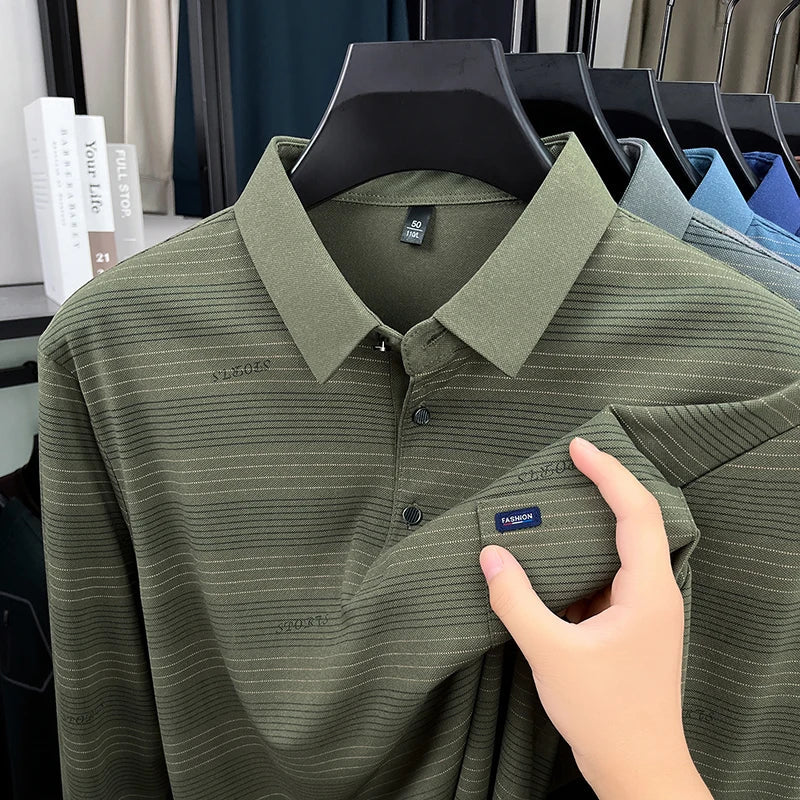 2025 long sleeved men's spring and autumn collar striped pullover top with loose pockets polo shirt