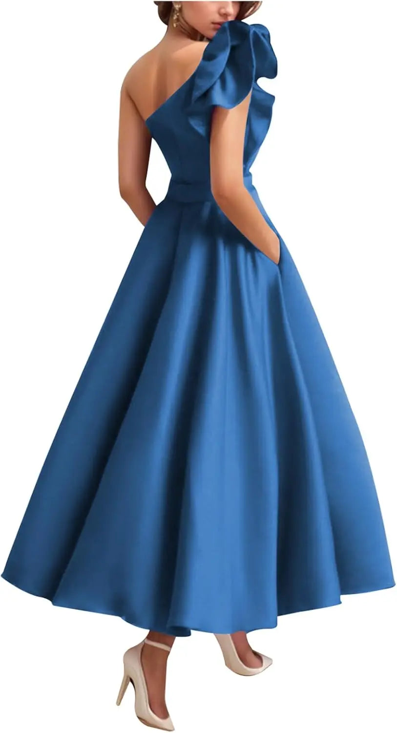 Women's One Shoulder Elegant Evening Dress with Pockets Satin Tea Length A Line Formal Wedding Guest Dress Prom Dresses