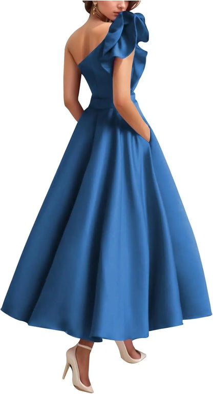 Women's One Shoulder Elegant Evening Dress with Pockets Satin Tea Length A Line Formal Wedding Guest Dress Prom Dresses