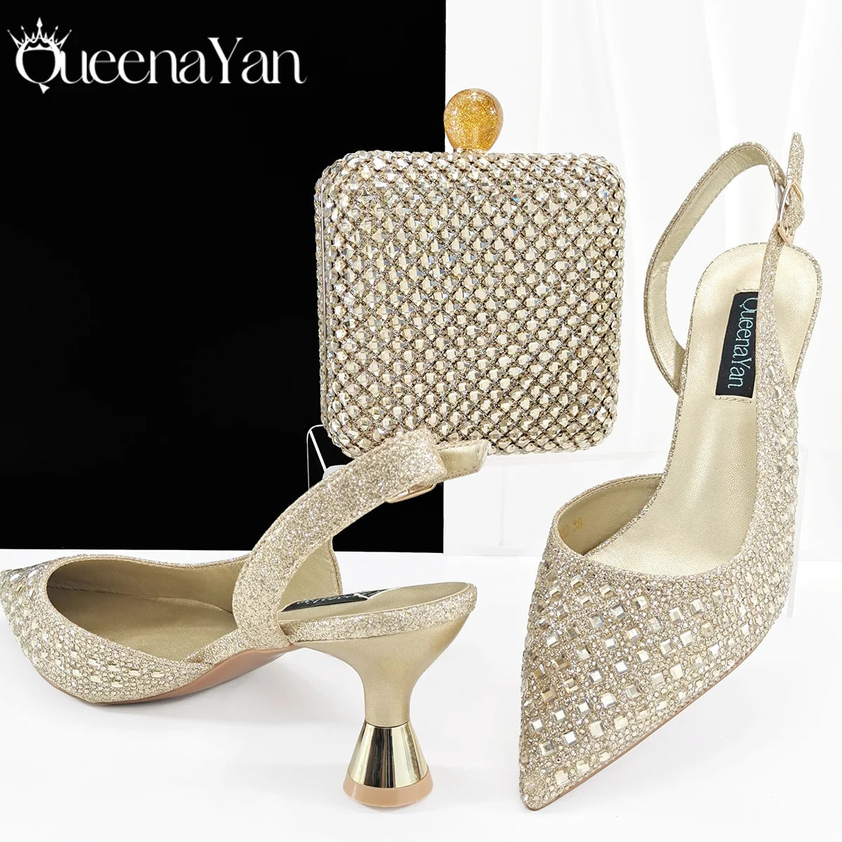 Italian Design Rhinestone Luxury Green Colour Pointed Toe Shoe & Bag Set Women's High Heels for Parties High Quality