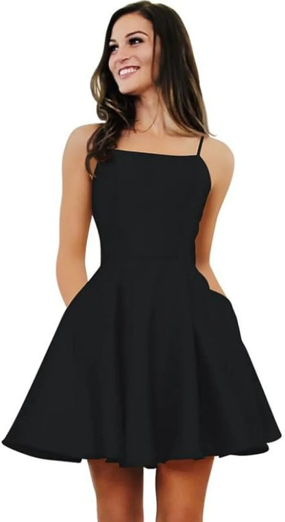Short Homecoming Dresses for Teens With Pockets Spaghetti Straps Satin Prom Dress for Women A-line Knee Length Party Dress