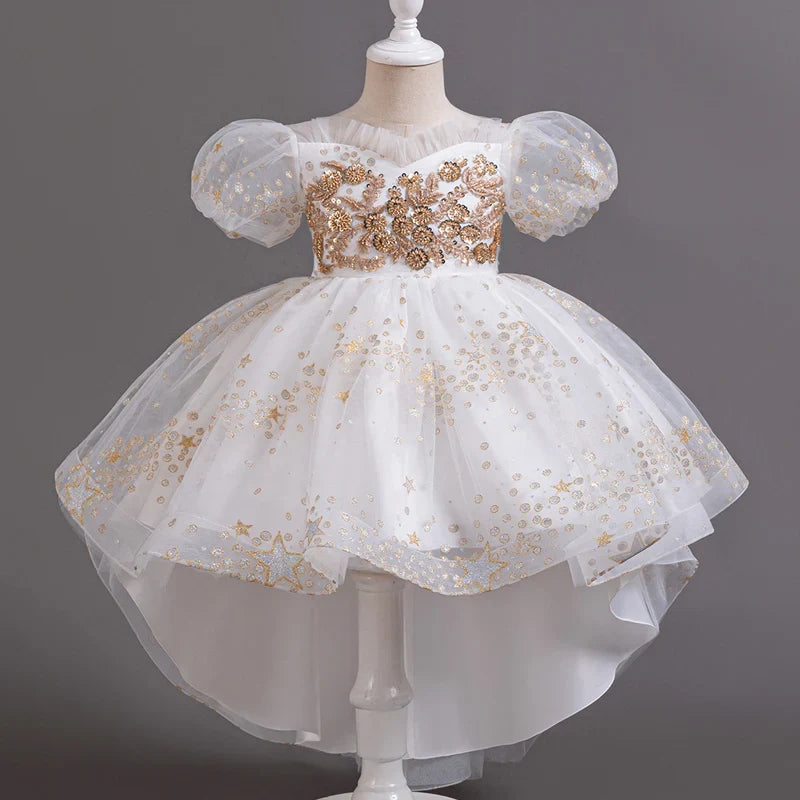 Girl Tail Wedding Bridesmaid Dress Children's Elegant Banquet Dress Children's Round Neck Sleeveless Dress Girl