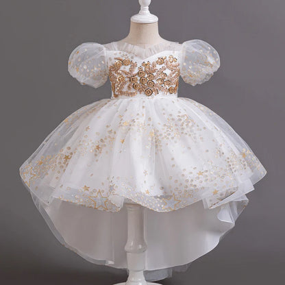 Girl Tail Wedding Bridesmaid Dress Children's Elegant Banquet Dress Children's Round Neck Sleeveless Dress Girl