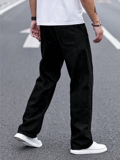 Men's Durable Black Relaxed-Fit Jeans Mid-Waist Comfort Street Style Essential Urban Pants