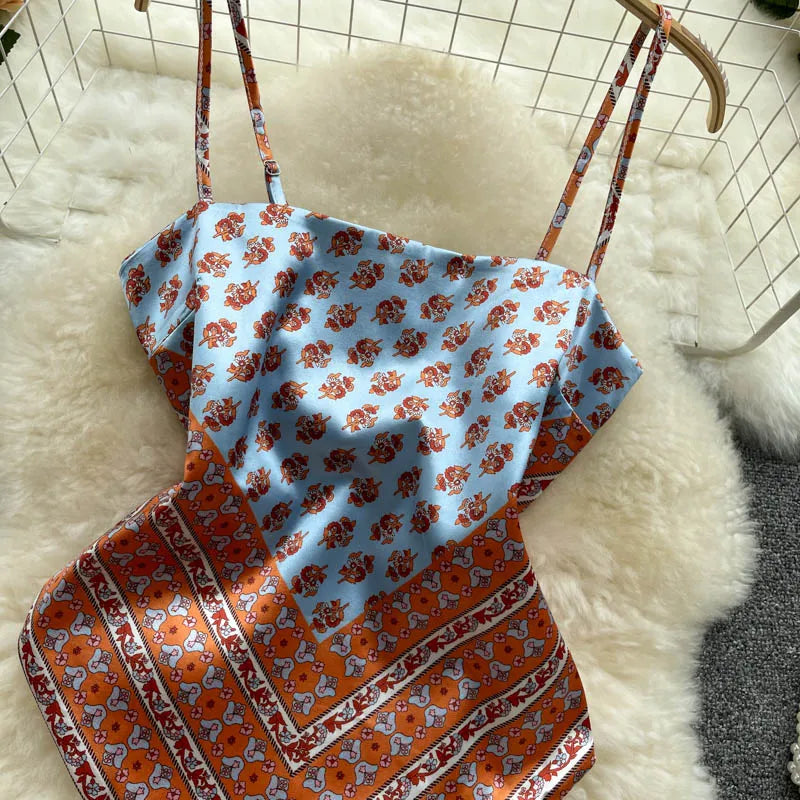 Women Sexy Backless asymmetrical lace-up Camis Print Tank Top Chic One-piece Corset Bustier Summer Beach vacation Crop Top