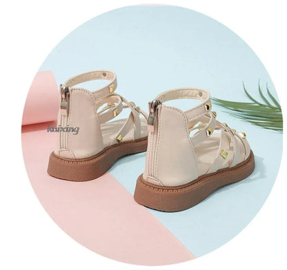 Summer New Kids Sandals Girls Princess Rivet Sandals Soft Children Beach Shoes Fashion Roman Sandals Size 21-36 Versatile
