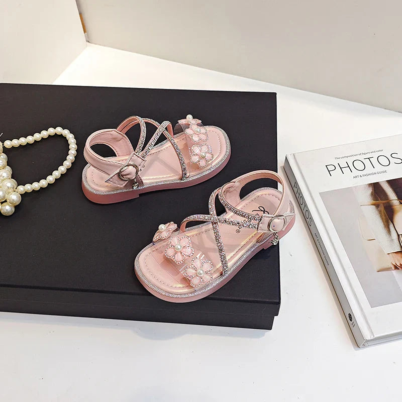 Girls Princess Sandals Children Summer Beach Shoes Soft Bottom Anti-slippery Fashion Kids Flowers Rhinestone Sandals Size 23-36