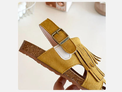 Summer Anti-Slippery Kids Suede Sandals for Girls Non-Slip Closed Toe Toddler Beach Shoes with Cute Tassels School Casual Wear