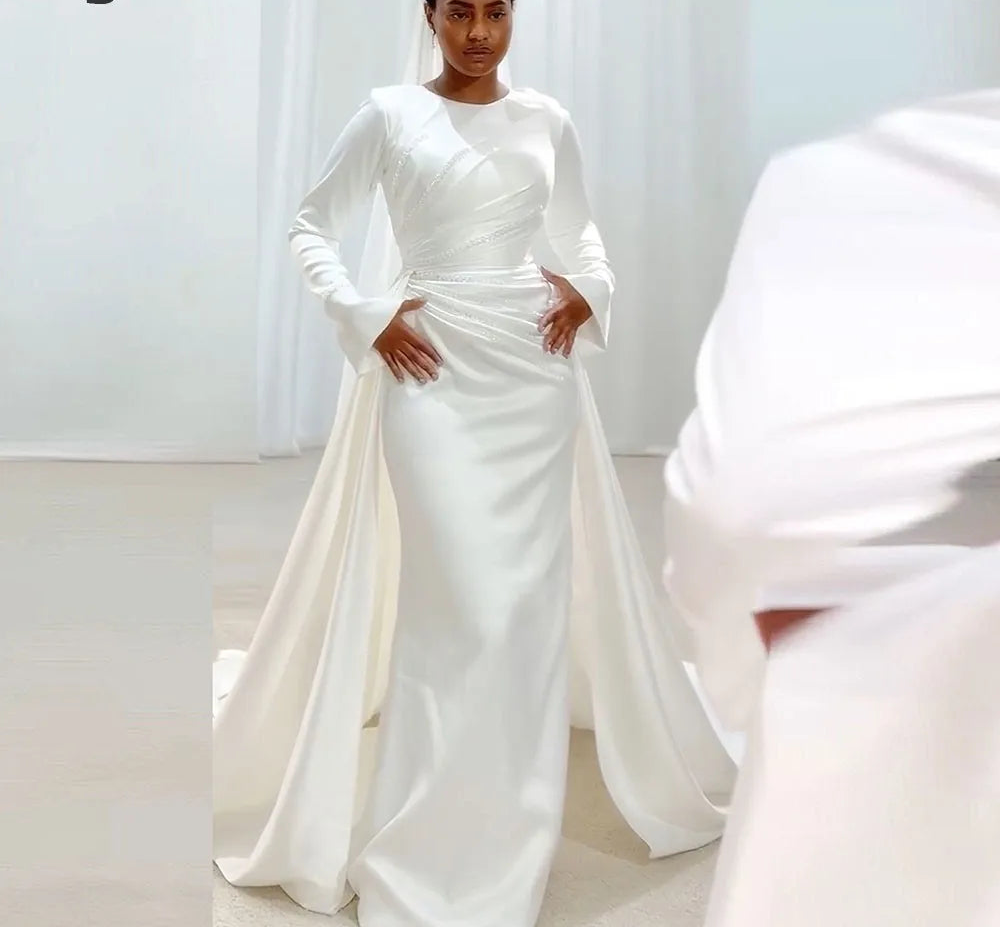 Wedding Dress Beaded Pearls O-Neck Customized Satin White Ivory Long Sleeves Muslim Bridal Gown Robe De Mariée