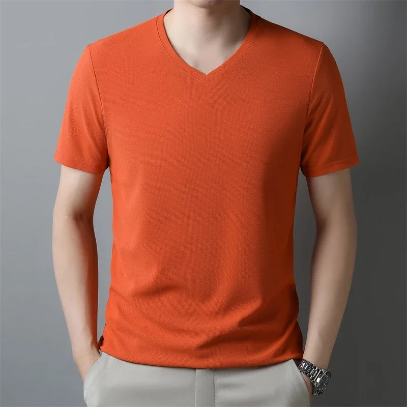 2024 Men's Waffle V Neck Short Sleeve T-Shirt Summer Comfortable Breathable Fashion Top in Solid Colors