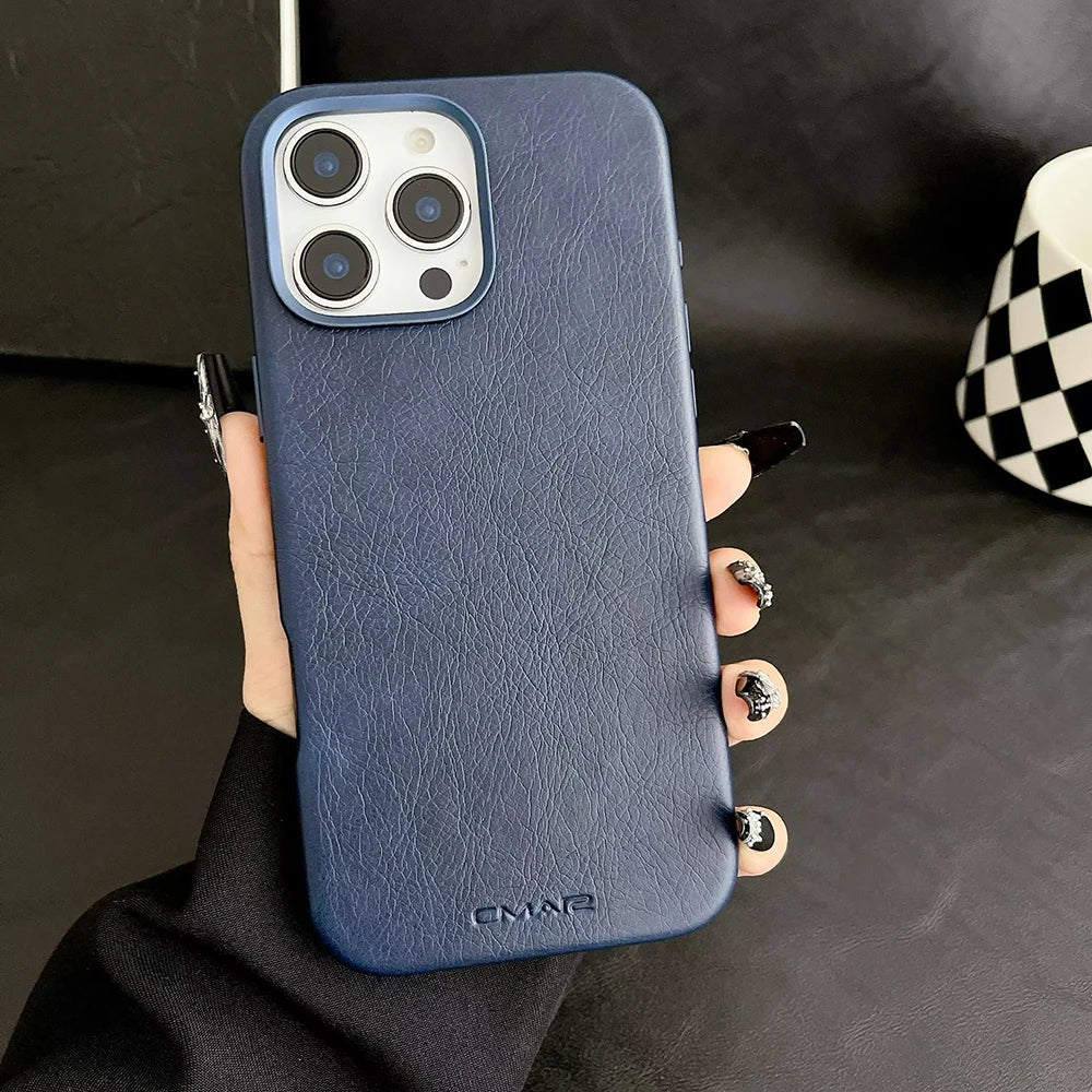 Magnetic Leather Texture MagSafe Phone Case for IPhone 17 16pro Max 15 14 Pro 13 Wireless Charging Alloy Lens Bumper Armor Cover