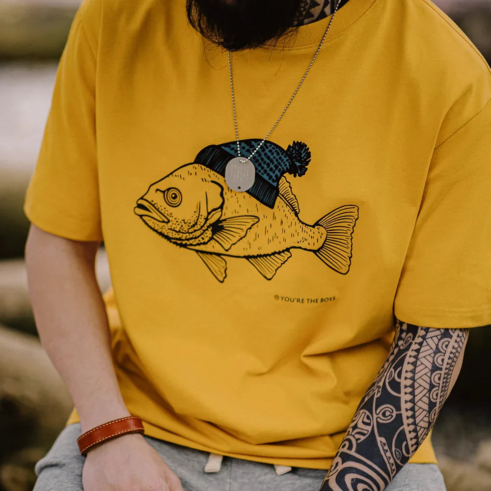 Maden Vintage Flocked Print Short-sleeved T-shirts Animal Pattern Cotton Round Neck Tops for Men's Summer Casual Loose Fit Tee