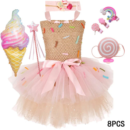 Sweet Ice Cream Candy-Themed Girls Dress for Kids Birthday Carnival Party Rainbow Tutu Children's Costume Wedding Outfits