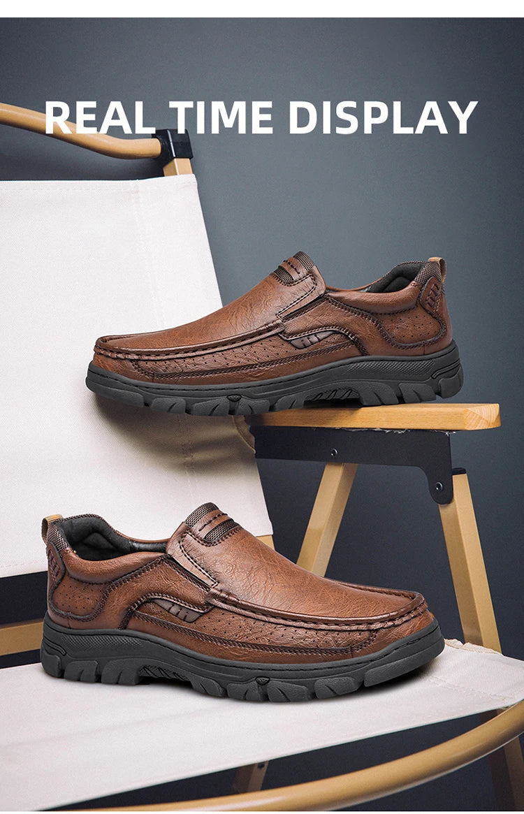 Men's Casual Loafers Handmade Breathable Leather Shoes with Thick Rubber Sole Comfortable Footwear Classic Hand Sewn Seams