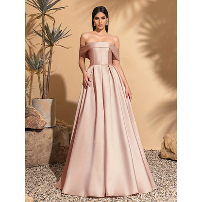 Off-the-shoulder satin dress with back tie, elegant and chic dress