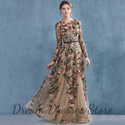 Elegant O-Neck Long Sleeve Evening Dress Sequins Flowers Applique A-Line with Belt Floor Length Women Party Banquet Gowns