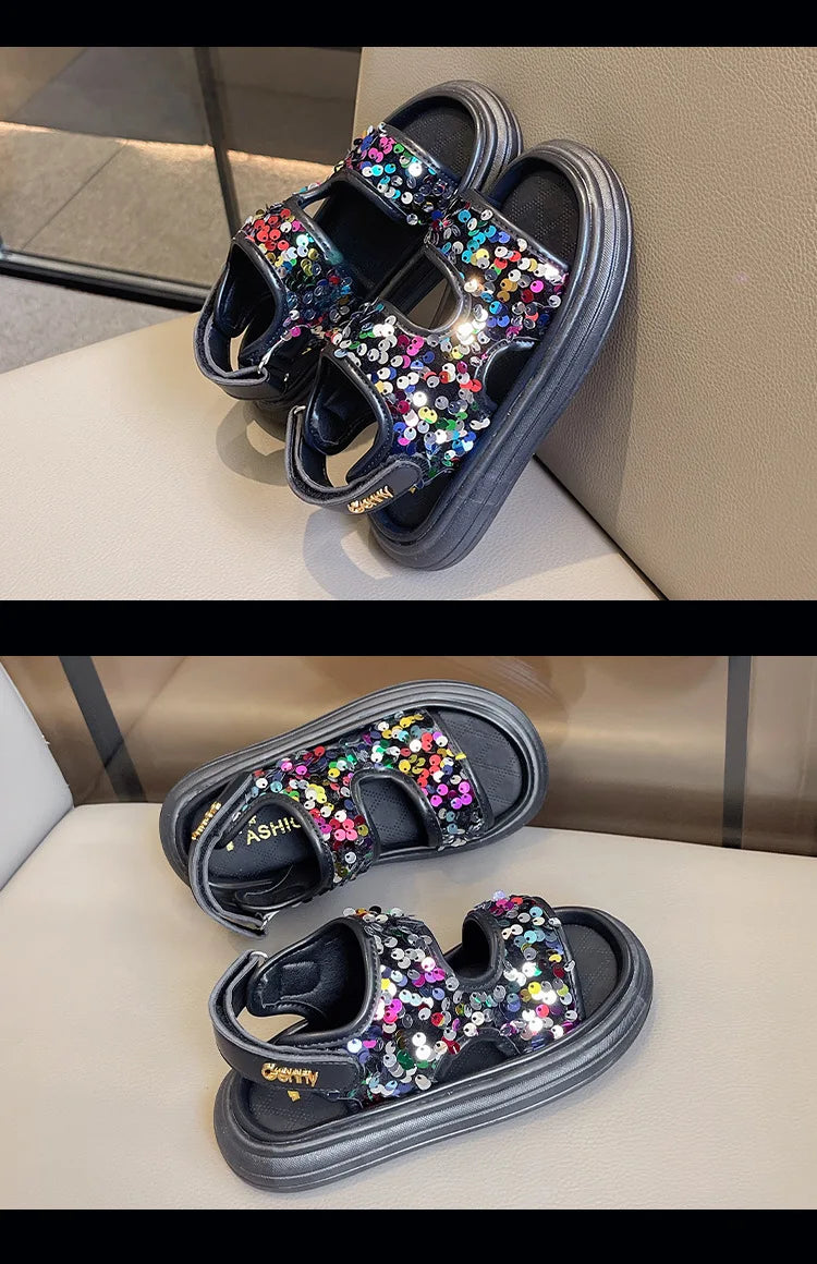 Summer Children's Sandals Sequins Thick Soled Girls Causal Princess Open-toe Sandals Fashion Non-slip Kids Beach Shoes Versatile