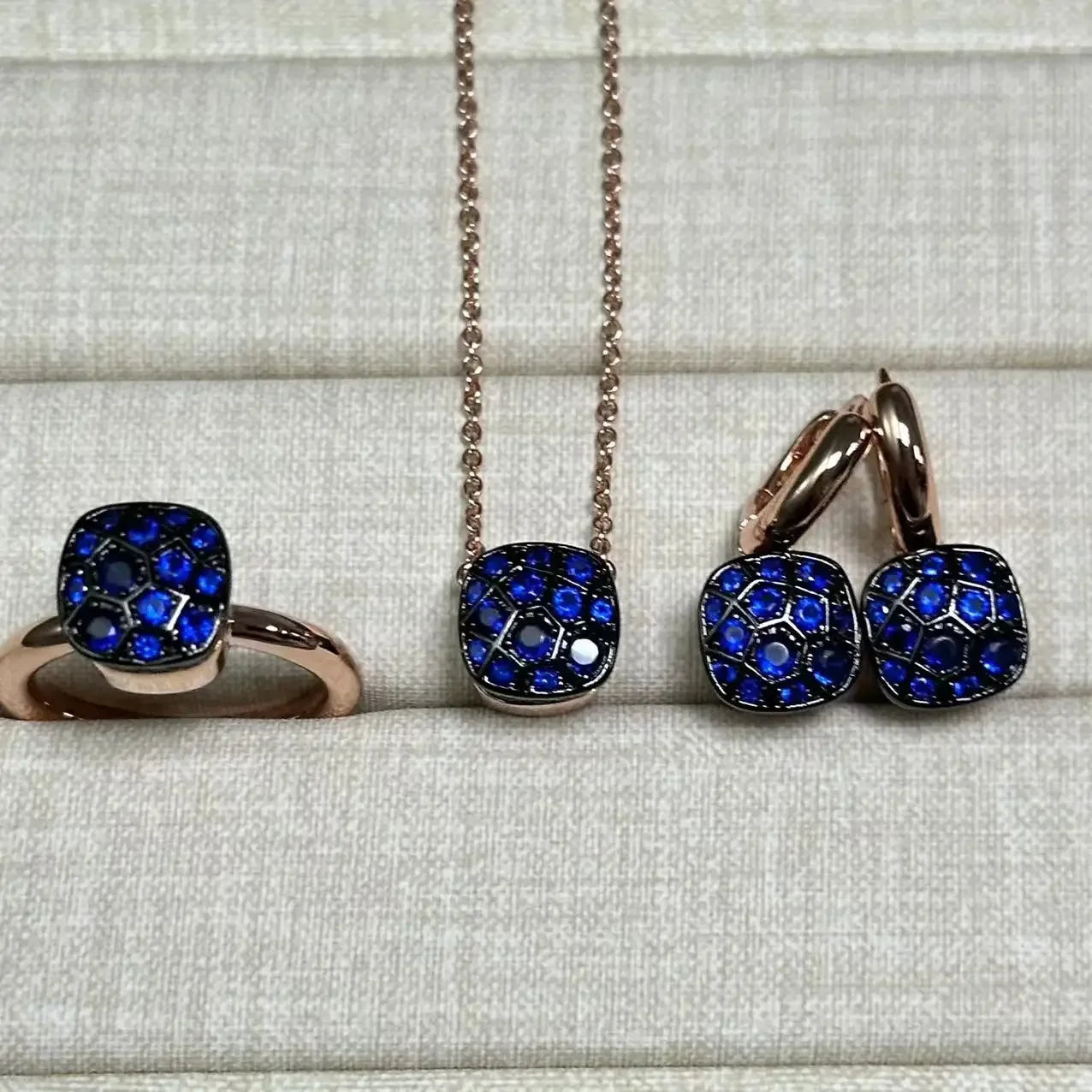 10.6mm Honeycomb Style Jewelry Set For Women Ring Earrings Necklace Rose Gold Candy Crystal Bijoux Gift