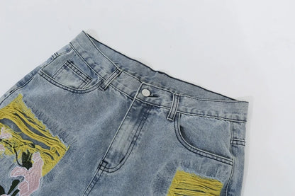 Chinese Painting Embroidered Patch Denim Ripped Jeans for Men Streetwear Pleated Tassels Distressed Destroyed Jean Straight Male