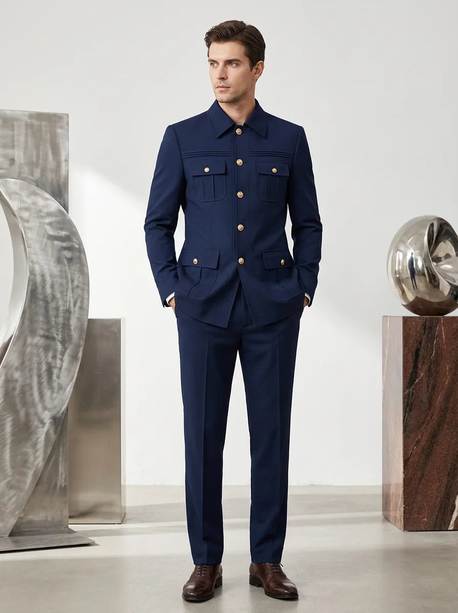 Terno masculino slim fit preto de duas peças blazer de homem de negócios casual de cor sólida com várias fivelas e vários bolsos de ajuste clássico