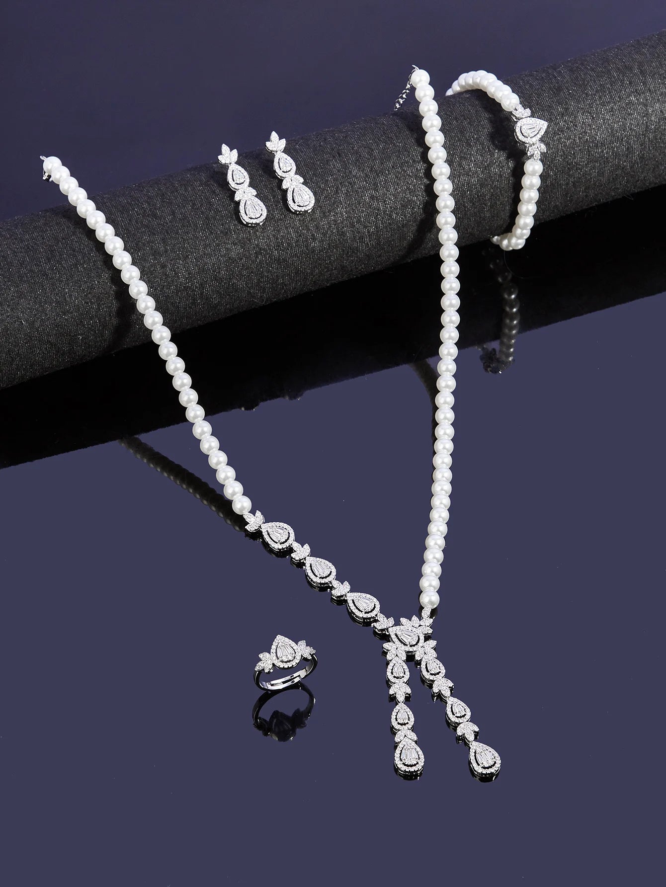 New Trendy Pearl Tassel 40cm Necklace Earring 4PCS Jewelry Set For Women Wedding Party Full Zircon Dubai Bridal Jewelry Set Gift