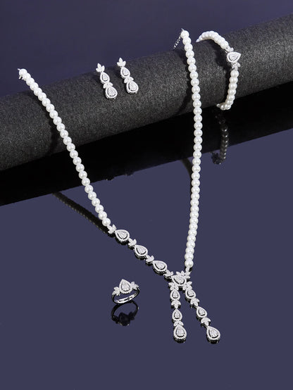 New Trendy Pearl Tassel 40cm Necklace Earring 4PCS Jewelry Set For Women Wedding Party Full Zircon Dubai Bridal Jewelry Set Gift