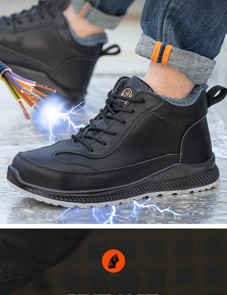 Plush Labor Protection Shoes for Winter Work Shoes Men's Anti Smashing Anti Piercing Microfiber Leather Work Cotton Safety Shoes