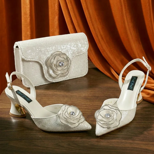 Elegant Full of Rhinestone Flower Design Style White Color Party Wedding Pointed Toe Women Shoes and Bag Set