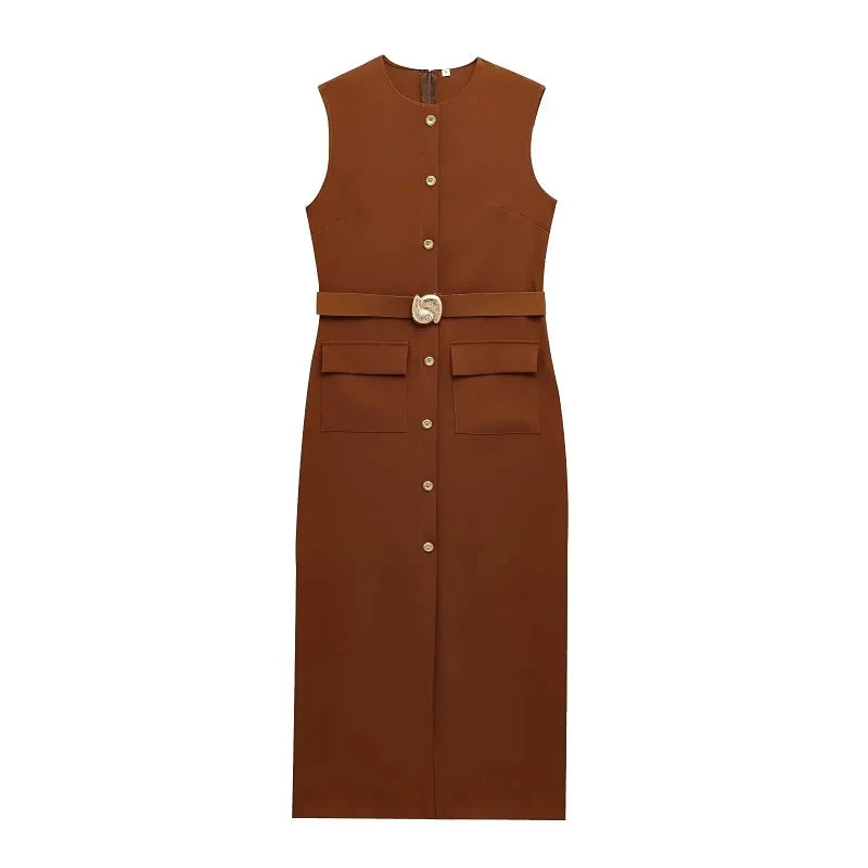 Womens Dresses Black Office Long Dresses for Women Spring Sleeveless Midi Dress Woman Belt Button Women's Dress Vest