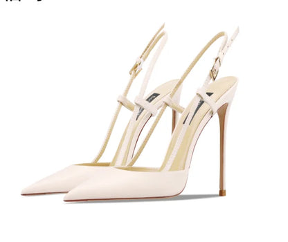 Bare leather edge buckle straight strap sandals for women, new pointed shallow mouth slim heel fashionable single shoe