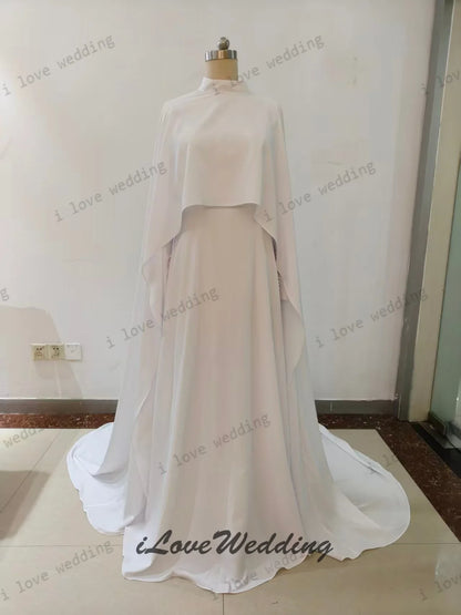 White O-Neck Wedding Dress 2025 Shawl Long Sleeve Button A-Line Saudi Arabia Sweep Train Muslim Floor-Length Pleated Customized