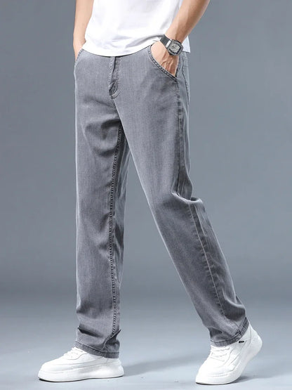 Summer Thin Men's Loose Straight Jeans Lyocell Soft Drape Business Casual Trousers Classic Smoke Gray Brand Ice Silk Pants