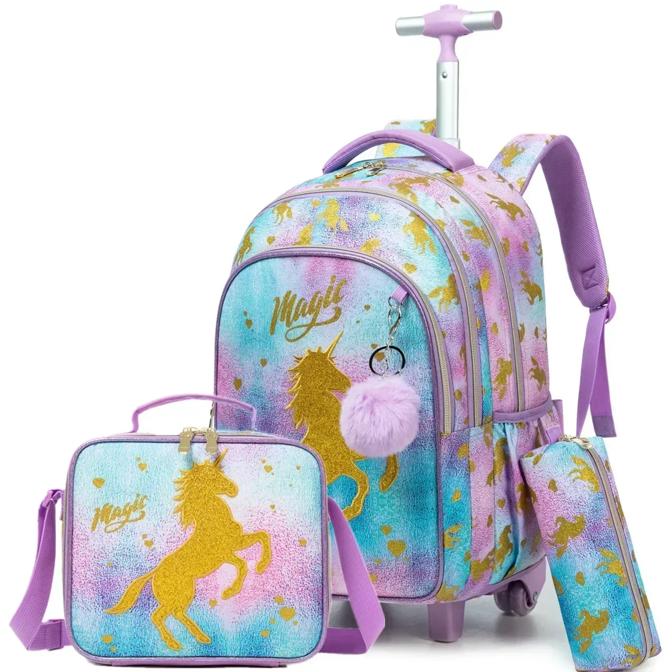 Children's Wheeled Backpack Bag Set with Lunch Box School Rolling Backpack Bag with Wheels School Trolley Backpack Bag for Girls