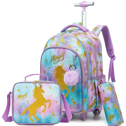 Children's Wheeled Backpack Bag Set with Lunch Box School Rolling Backpack Bag with Wheels School Trolley Backpack Bag for Girls