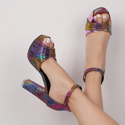 Colorful Catwalk Shoes Women's Super High Heels Sandals Waterproof Platform Coarse Heel Peep-toe Sandals