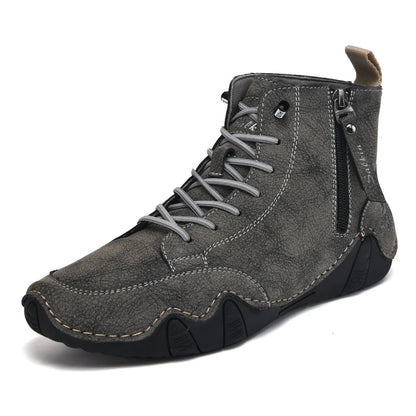 New 2025 Handmade Casual Shoes Men Sneakers Ankle Boots Leather Side Zipper Comfortable Breathable Anti-Slip Outdoor Walking