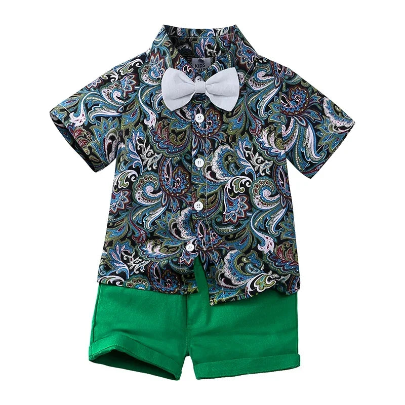 Toddler Baby Boys Sets Summer Hawaiian Outfit Infant Kids Floral Print Short Sleeve Shirt Bowtie Shirt+Shorts Gentleman Suits