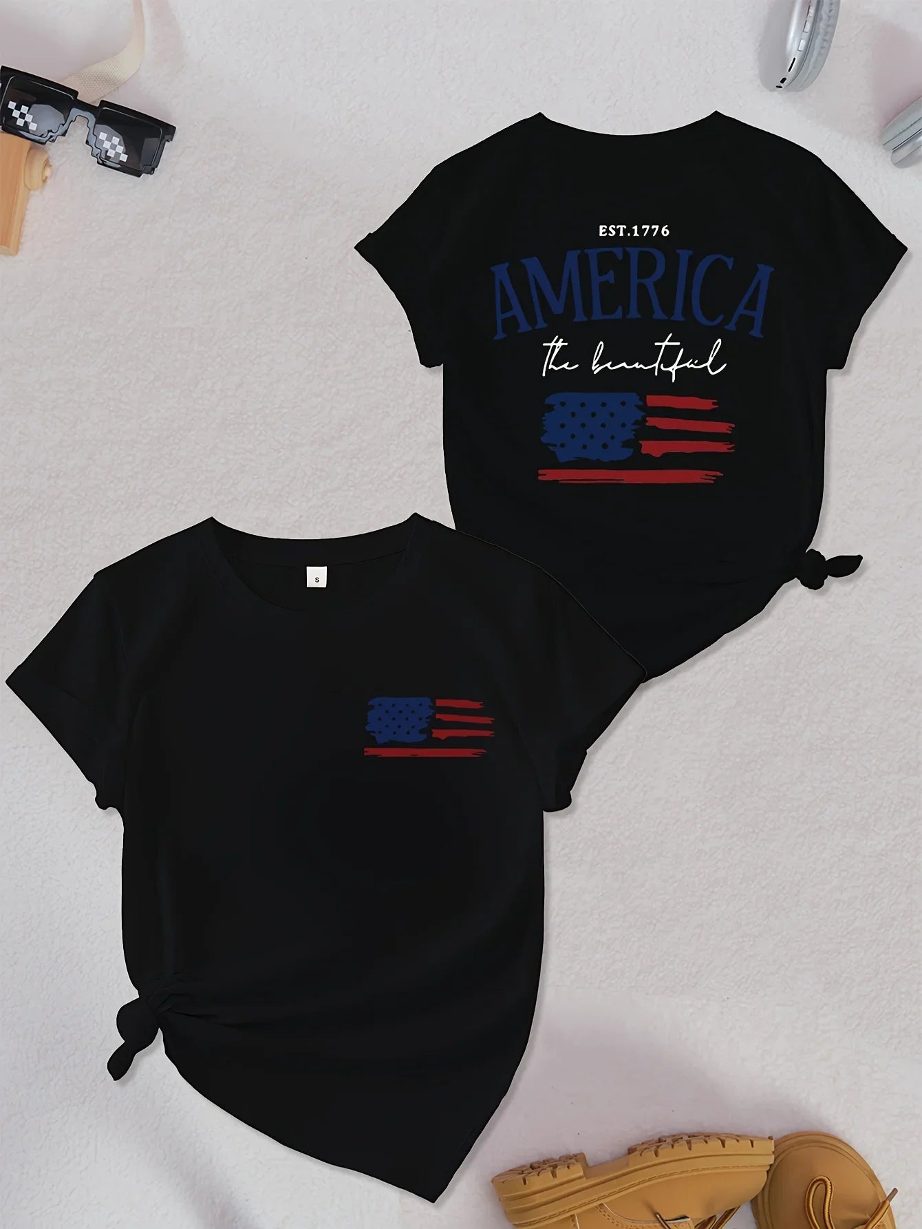 American Flag Print T-Shirt Independence Day Short Sleeve Crew Neck Casual Top For Summer & Spring Women's Clothing