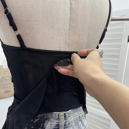Summer Y2K Camisole for Women Casual Spaghetti Straps Double Layers Lace Stretch Mesh Patchwork Asymmetrical Slim Tops