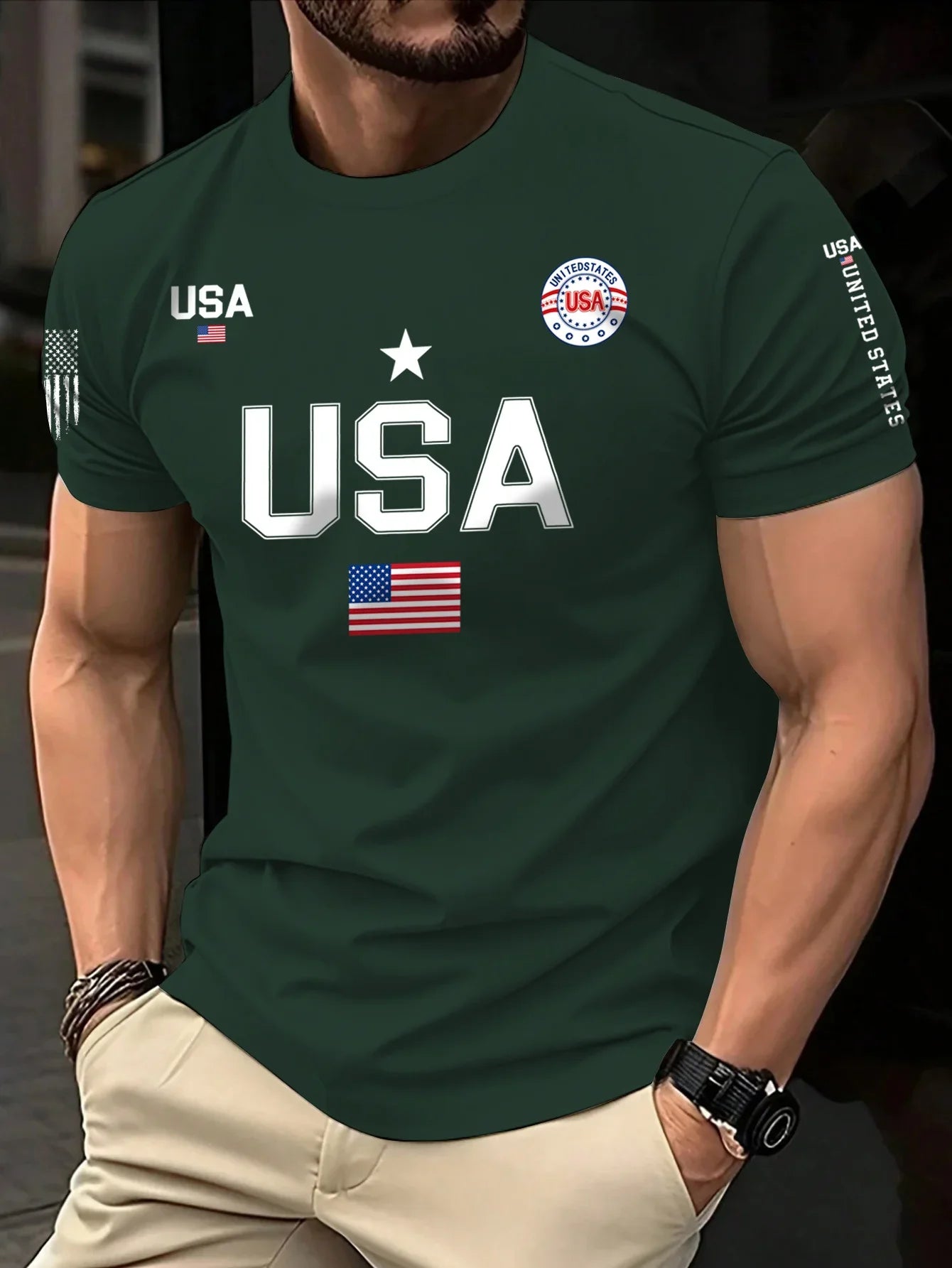 New  Men's Short-Sleeved Round-Neck T-shirt with USA Flag Print - Fashionable Trendy Summer Running and Sports T-shirt