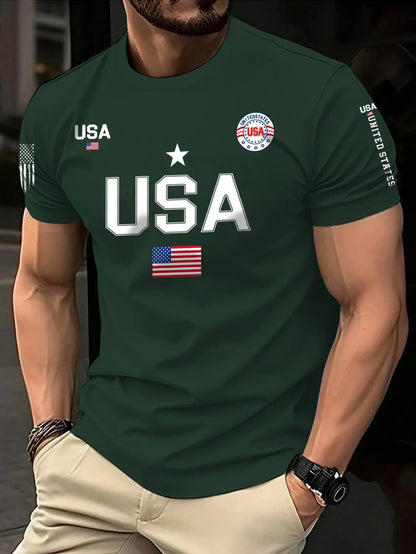 New  Men's Short-Sleeved Round-Neck T-shirt with USA Flag Print - Fashionable Trendy Summer Running and Sports T-shirt