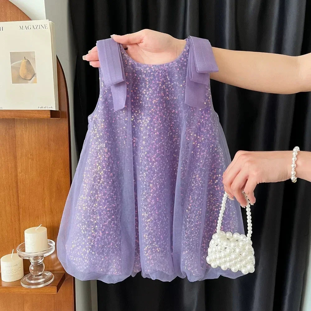 Flower Girl Dress Purple Mesh Sequin Birthday Party Children's Clothing Solid Color Vest Kids Dresses for Girls Casual Wear