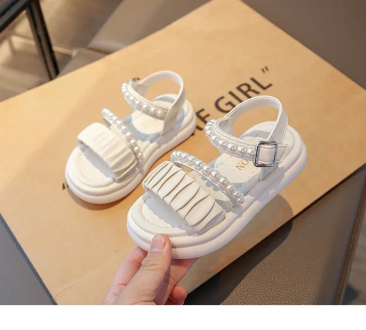 Girls Sandals Pleated Ins Trendy Kids Princess Shoes Beads Sweet Soft Sole 2025 Summer New Children Beach Shoes Open Toes Cute