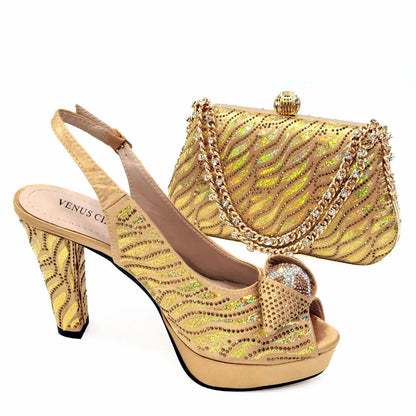 Elegant Fashion Peep Toe High Heels Laser-striped Sequin Rhinestone Women's Party Shoes and Bags 2026 Italian Design