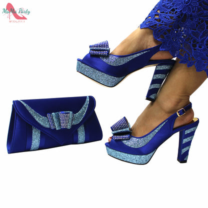 Fashion Pretty Peep Toe African Women Shoes Matching Bag Set in Silver Color Elegant Style Platform Sandals for Party