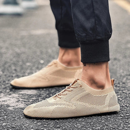 Sapatos Masculinos de Verão em Malha, Sapatilhas Planas para Uso Exterior, Sapatos de Caminhada de Alta Qualidade, Confortáveis, com Cadarço, Respiráveis, Antiderrapantes, Casuais