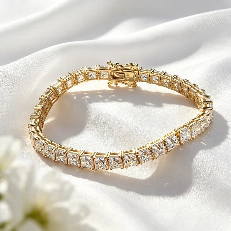 4*4mm D Color Princess Cut Moissanite Tennis Bracelet Hip-hop Men's Jewelry Square Chain for Women Real Pure 925 Silver