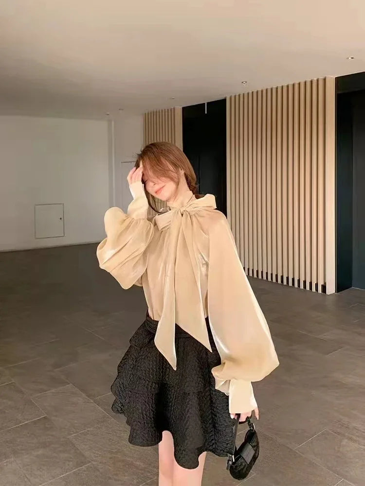 Women's Satin Blouses Stylish Big Bow Shirts 2023 Spring Autumn New Fashion Korean Edition Casual Puff Sleeve Female Solid Top